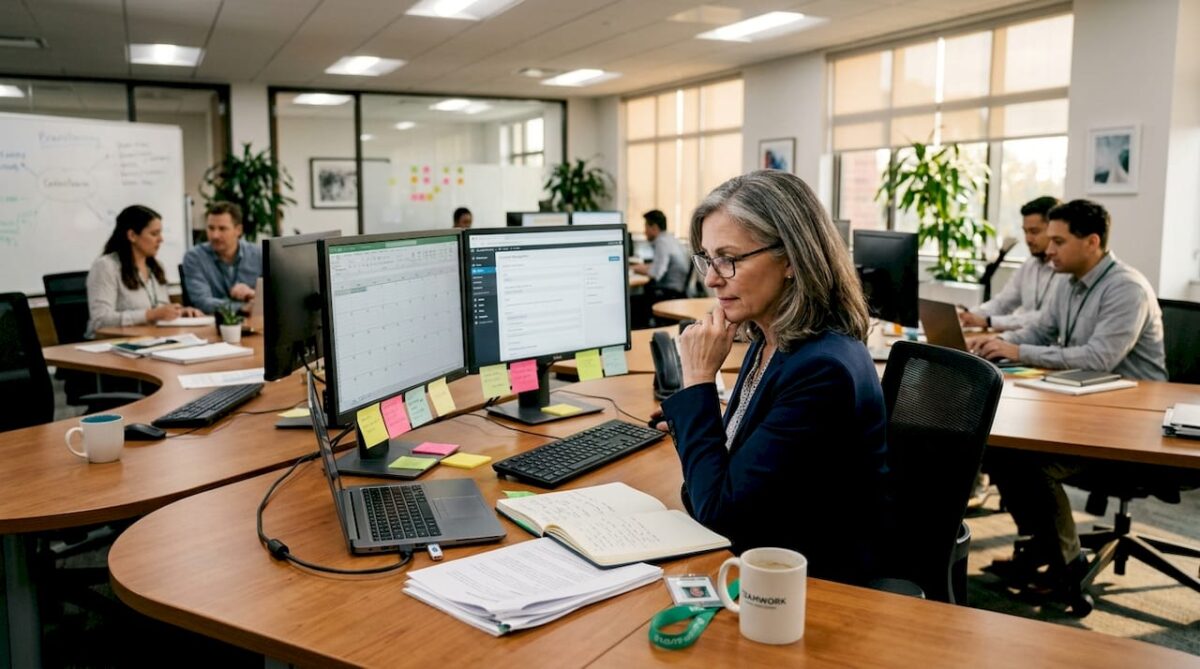 Content manager editing workflow at office desk