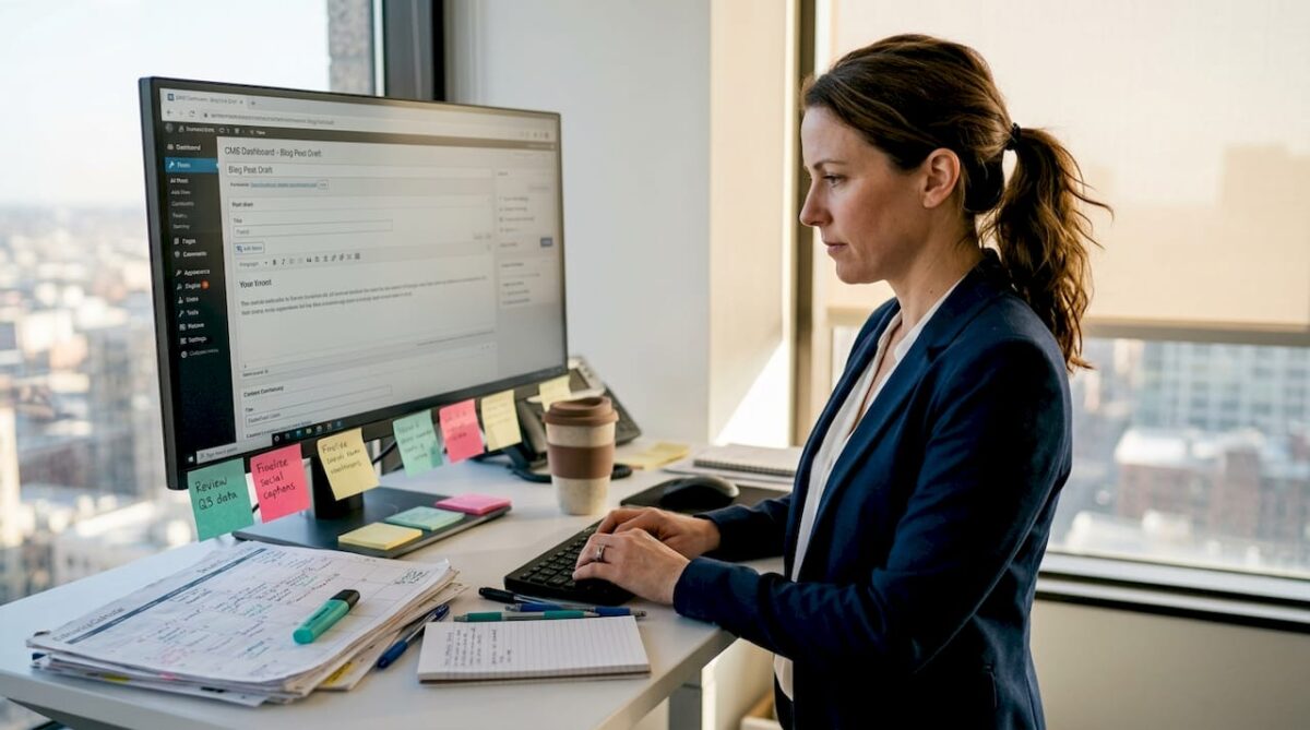 Manager working on content publishing workflow