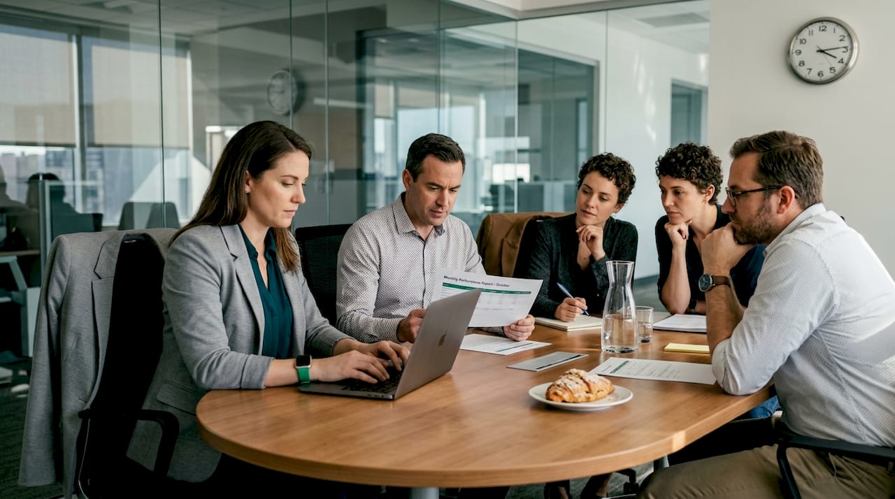 Equipo de marketing trabajando junto en una reunión