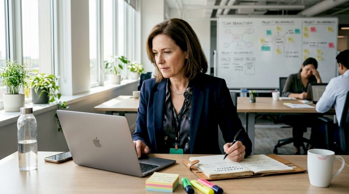 CMO reviewing content strategy at open desk