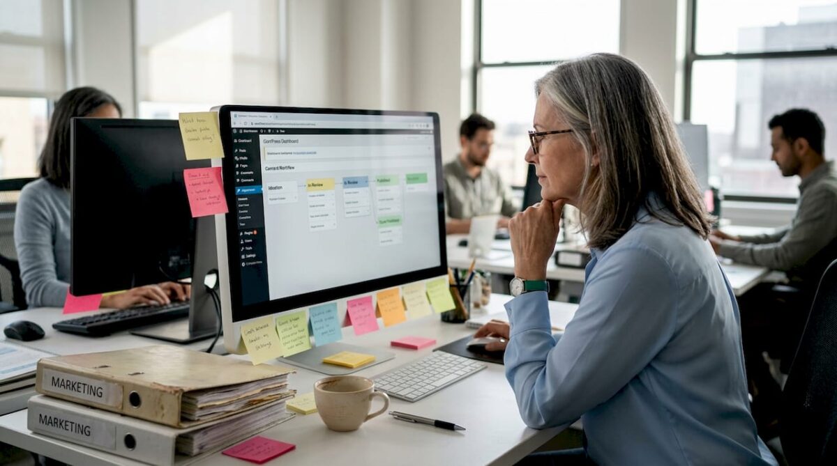 Project manager reviews autonomous workflow dashboard
