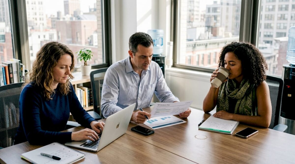 Marketing team collaborating in office meeting