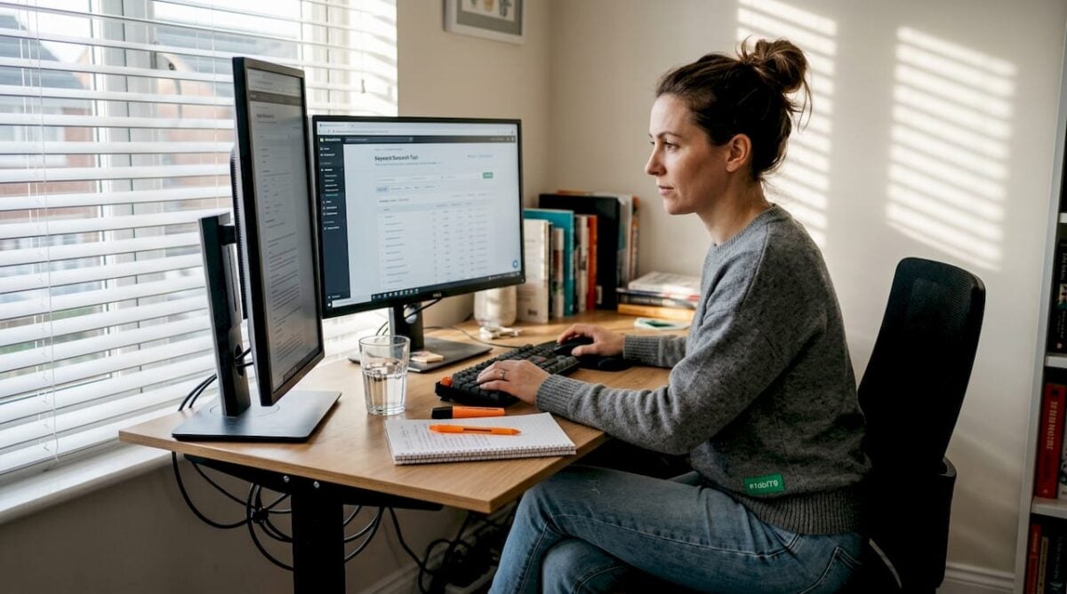 Woman doing SEO research at home workspace