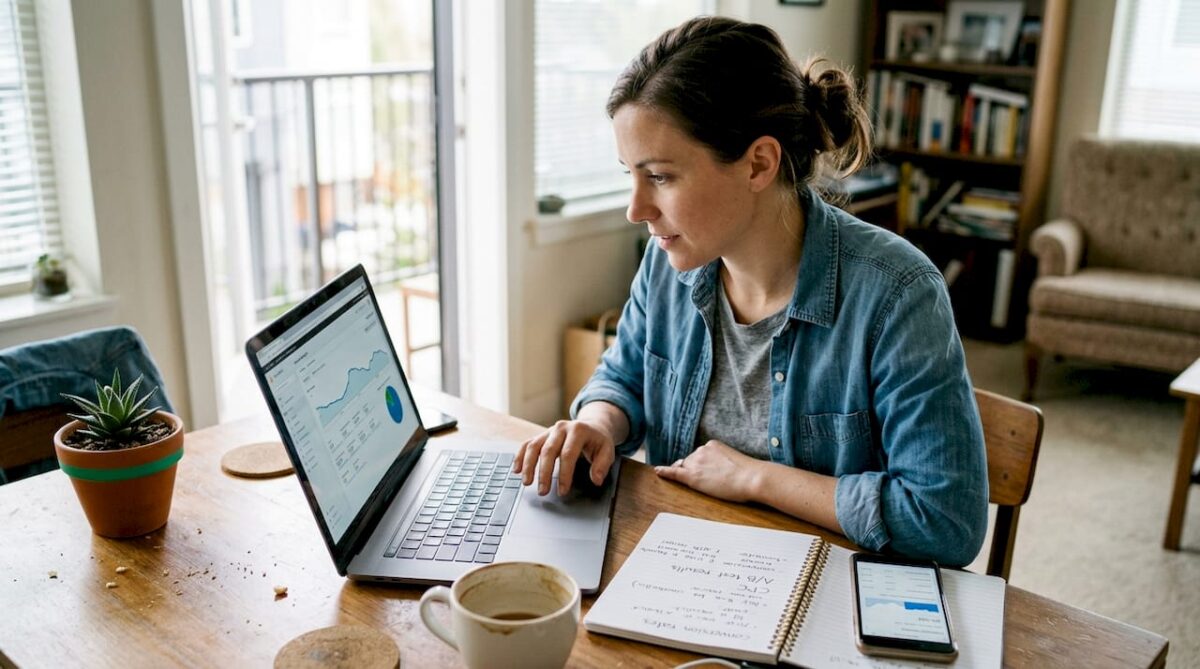 Manager planning landing page campaign at table