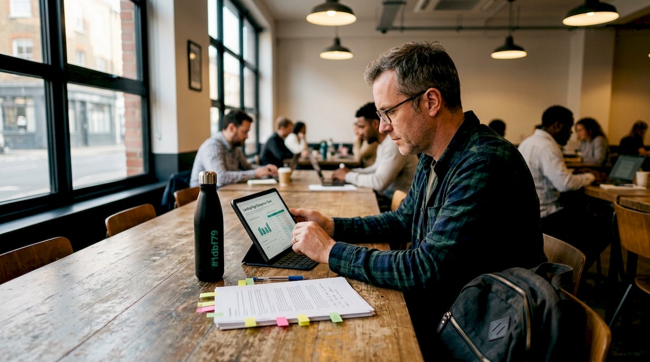 Persona de marketing comparando tipos de landing page en una tablet