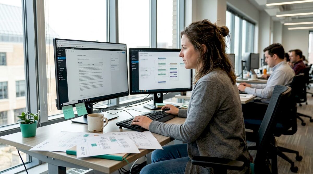 Editor updating website content at desk