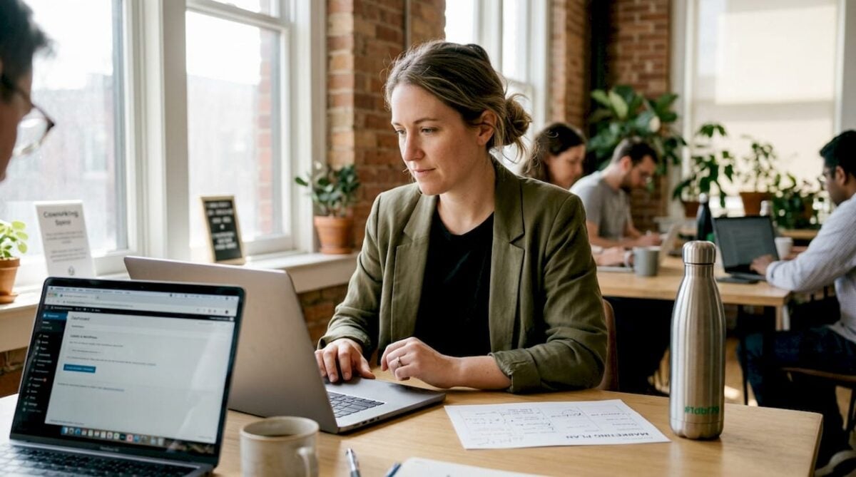 Marketer updating WordPress site in coworking space