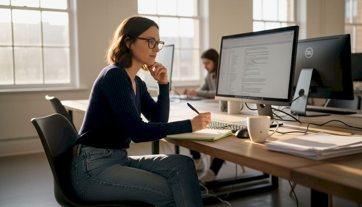 Editor anotando un borrador de contenido en un espacio de trabajo abierto