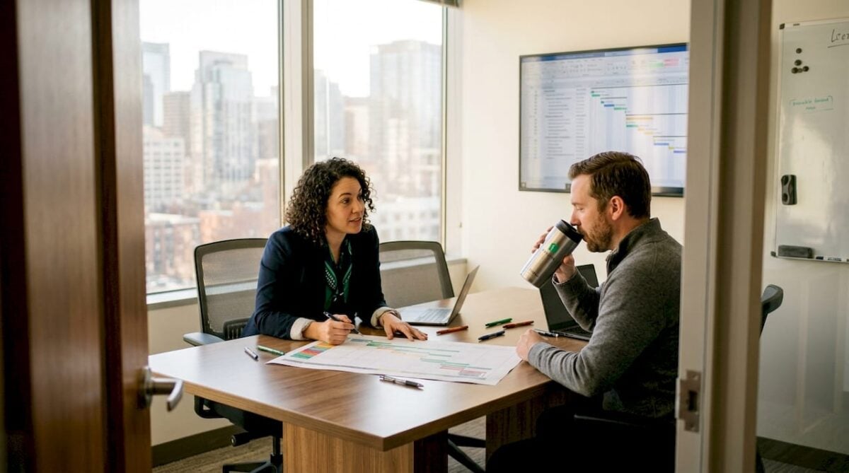 Managers collaborating on workflow charts in office