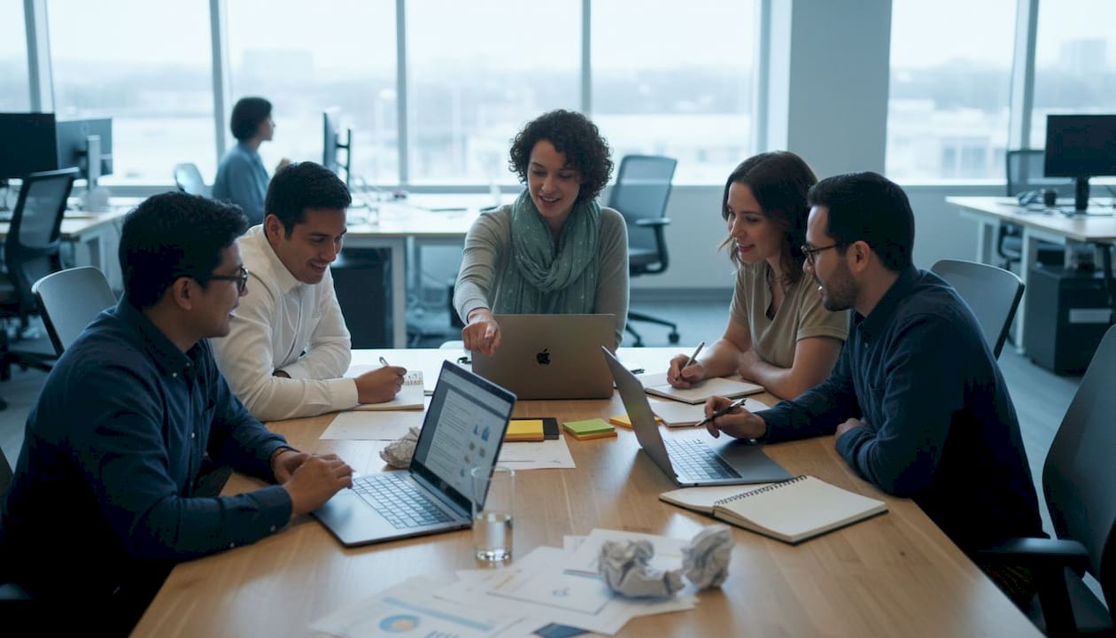 Equipo discutiendo flujos de trabajo alrededor de una mesa de oficina abierta