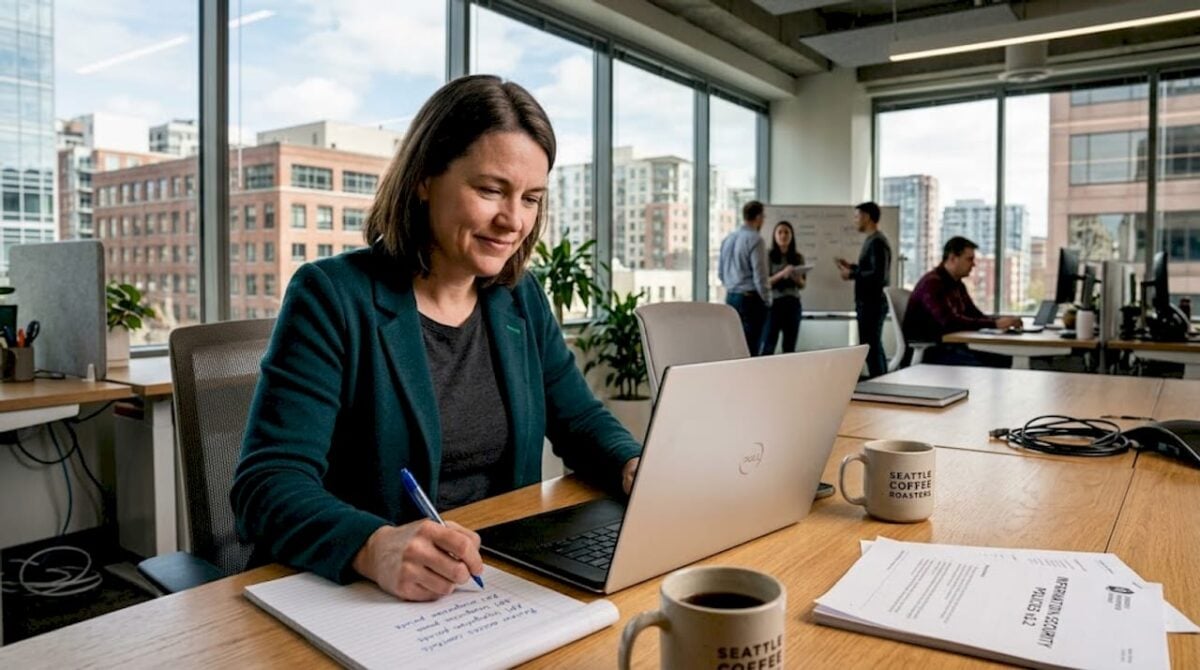 IT manager reviewing content workflow in office