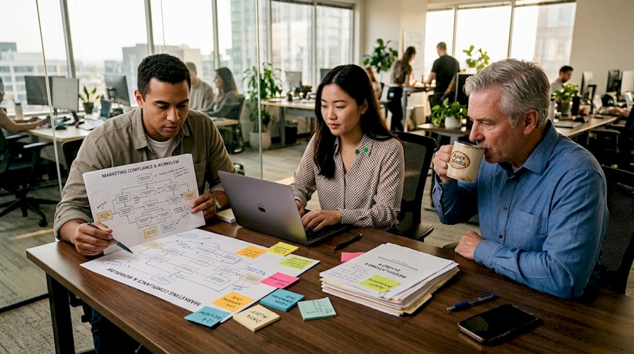 Equipo de marketing discutiendo el flujo de trabajo de compliance