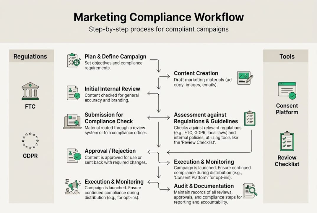 Infografía de los pasos y herramientas del flujo de trabajo de compliance