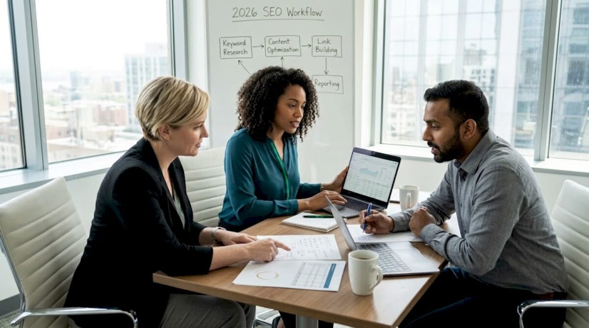 Enterprise SEO team collaborating in corner office