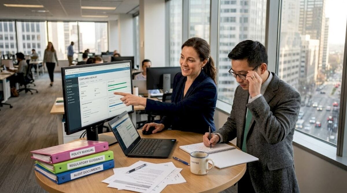 Team reviewing compliance documents at office table