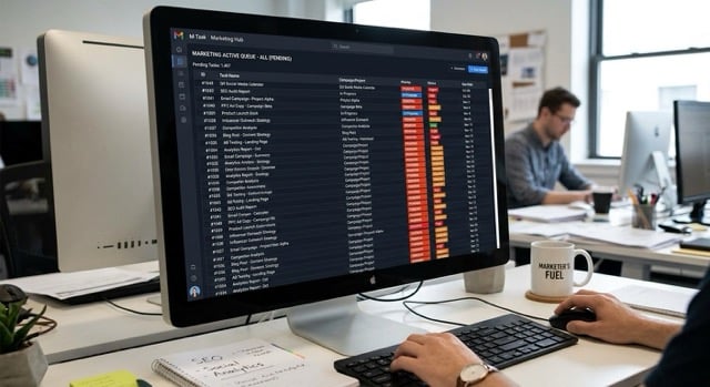 Person working at a desk views a large computer monitor displaying a marketing activity tracker with a list of pending tasks; office setting with another person in the background.
