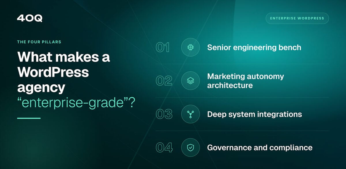The four criteria for enterprise-grade WordPress: senior engineering bench, marketing autonomy architecture, deep system integrations, and governance and compliance