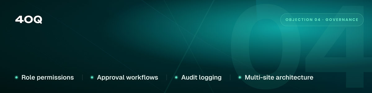 Enterprise WordPress governance architecture: role permissions, approval workflows, audit logging, and multi-site architecture.